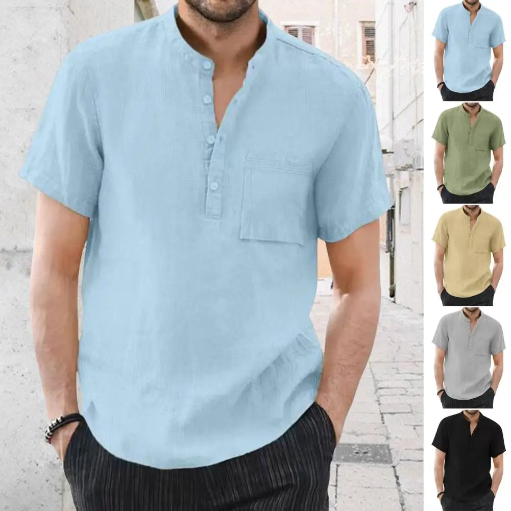 Camisa de un solo pecho para hombre, camisa elegante de verano con cuello levantado, bolsillo en el pecho, estilo de viaje de negocios, Top informal
