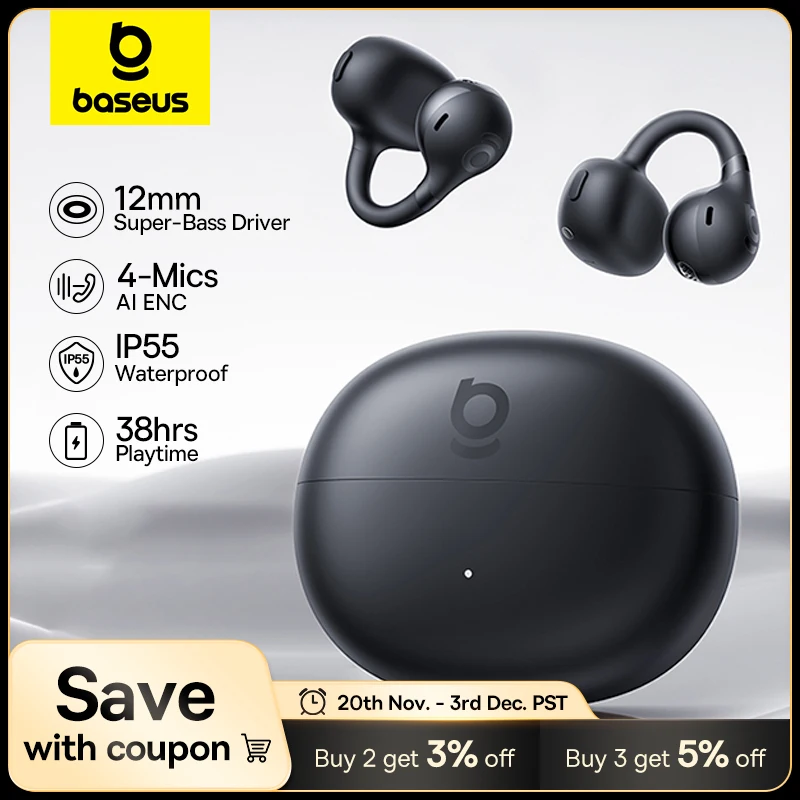 Baseus BC1 auriculares con Clip para la oreja auriculares inalámbricos de oreja abierta Bluetooth 6,0 auriculares deportivos con Clip 4 micrófonos Super Bass IP55 auriculares