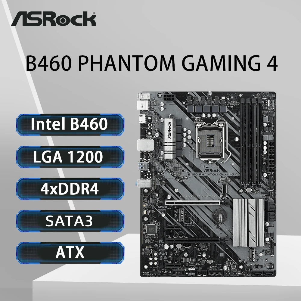 Placa base ASRock B460 PHANTOM GAMING 4 compatible con 10900K 10100F 10600KF 10400KF 10700k G6400 G5900 CPU DDR4 M.2 HDMI ATX LGA 1200