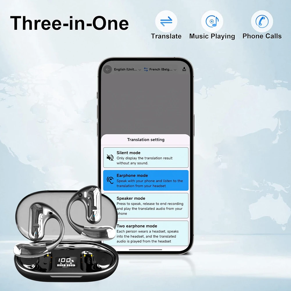 Auriculares con traductor AI de 144 idiomas, compatibles con Bluetooth 5,3, auriculares estéreo con gancho para la oreja, dispositivo de traducción con cancelación de ruido - imagen 2