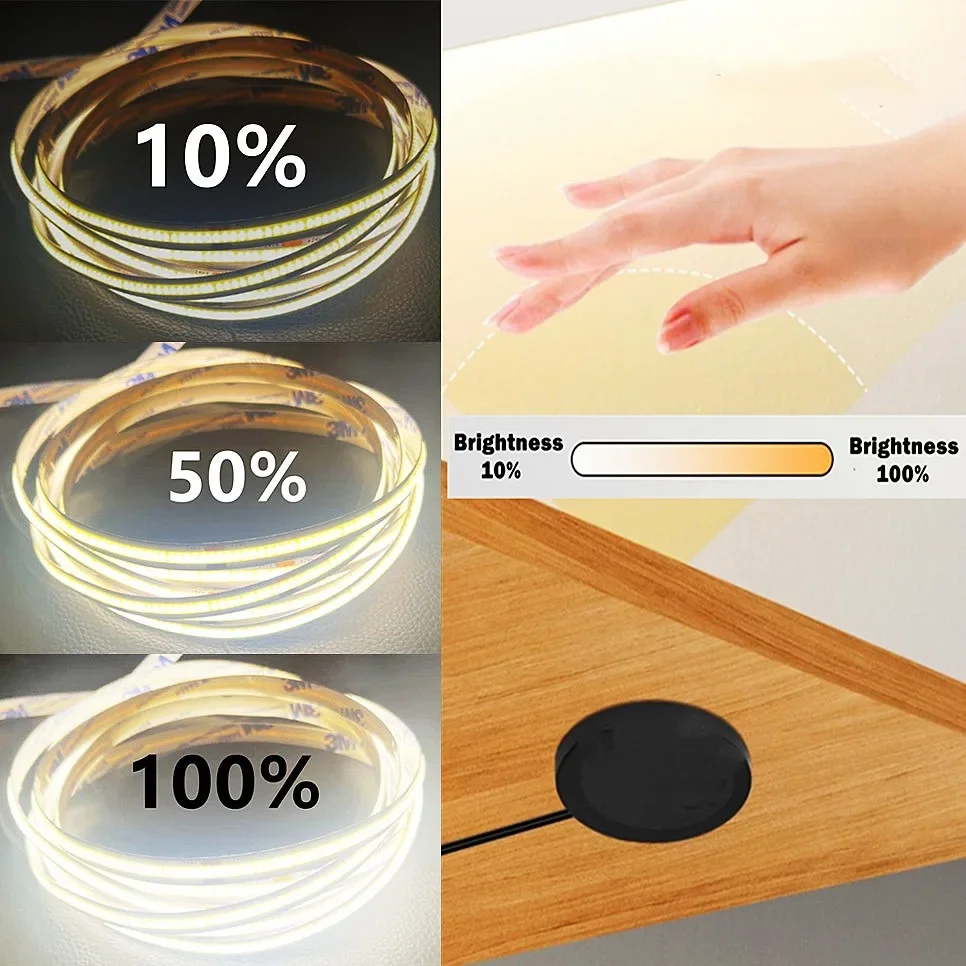 Cinta de luz LED, atenuador táctil y interruptor de inducción de barrido manual, tira de luz LED COB Flexible, 12V, 320 LED/M, iluminación de dormitorio y cocina - imagen 3