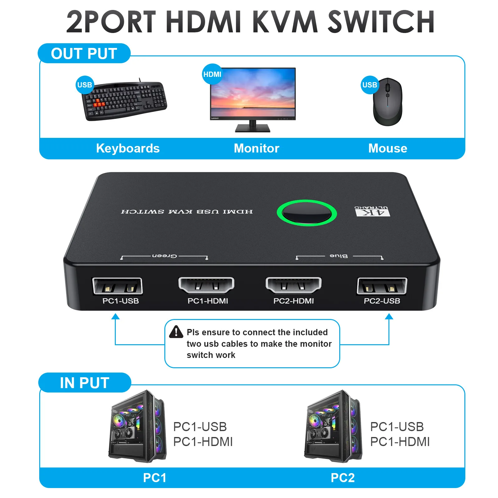 Conmutador KVM USB, caja de 2 puertos HDMI, USB 4K, conmutador HDMI para 2 ordenadores, compartir teclado, ratón, impresora, divisor USB Swltch, Windows y Mac - imagen 4