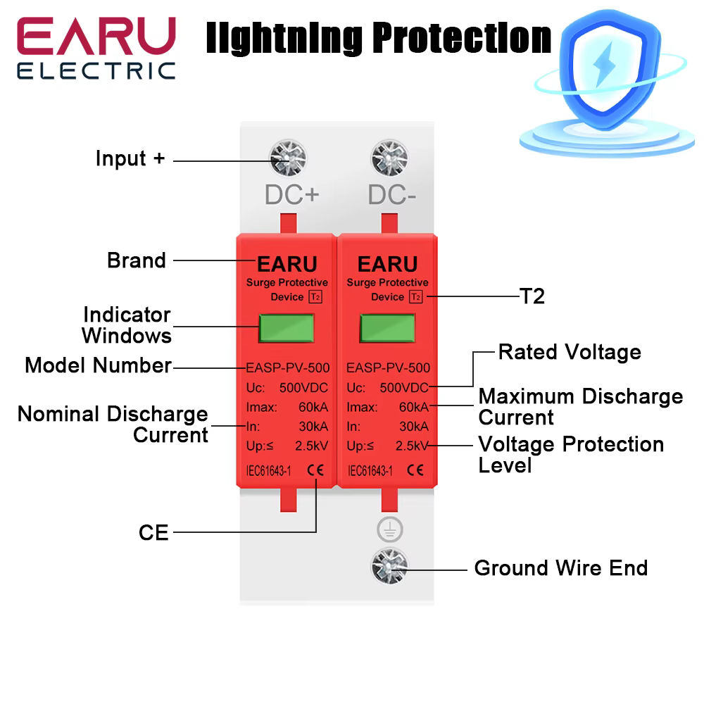 Dispositivo de protección contra sobretensiones 2P DC SPD 500V 800V 1000V 20KA 30KA 40KA 60KA Protector de voltaje Solar fotovoltaico pararrayos - imagen 5