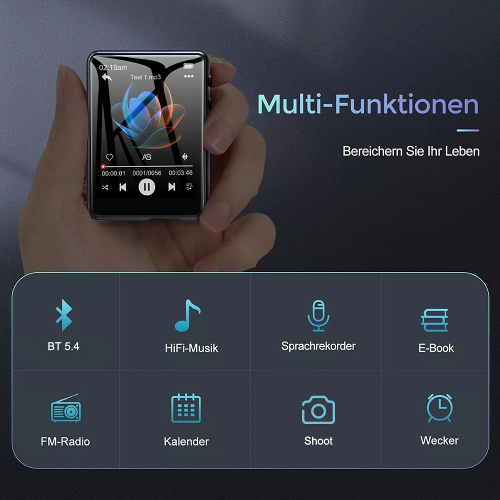 Reproductor MP3 HiFi Bluetooth 5,4, Walkman con pantalla táctil de 2,4 pulgadas con cámara, puede tomar fotografías con altavoz/FM/grabadora/eBooks - imagen 2