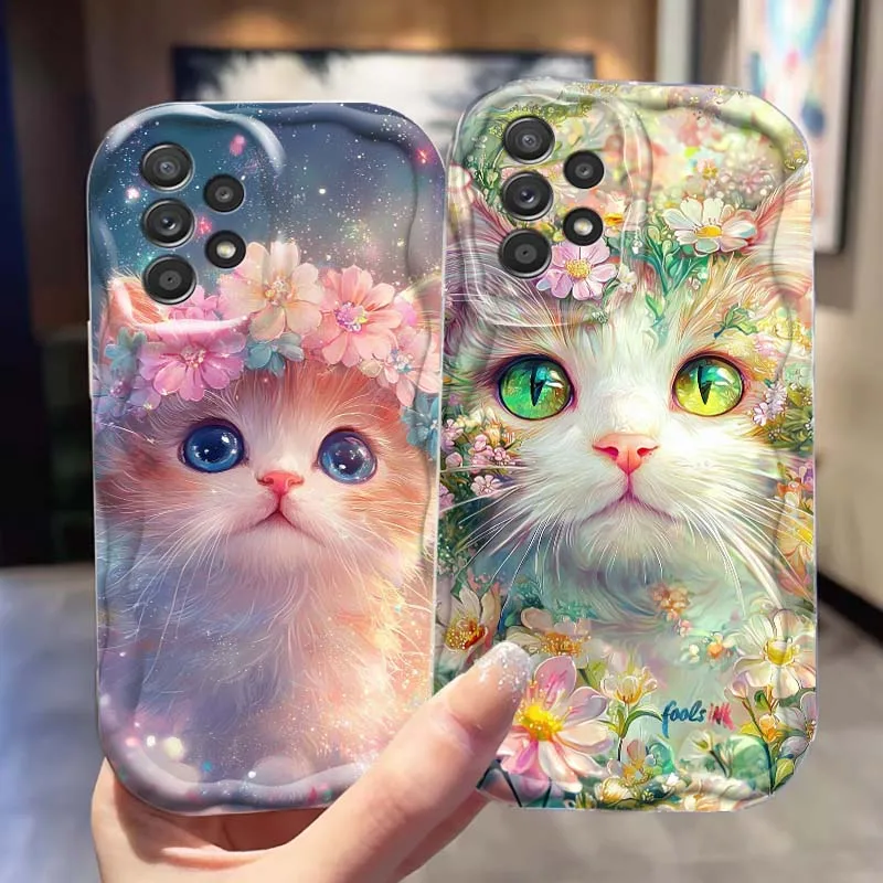 Hermosa funda de teléfono con arte floral de gato para Samsung A73 A72 A71 A56 A55 A54 A53 A52 A51 A32 A36 A26 A25 A13 A14 5G aceite ondulado
