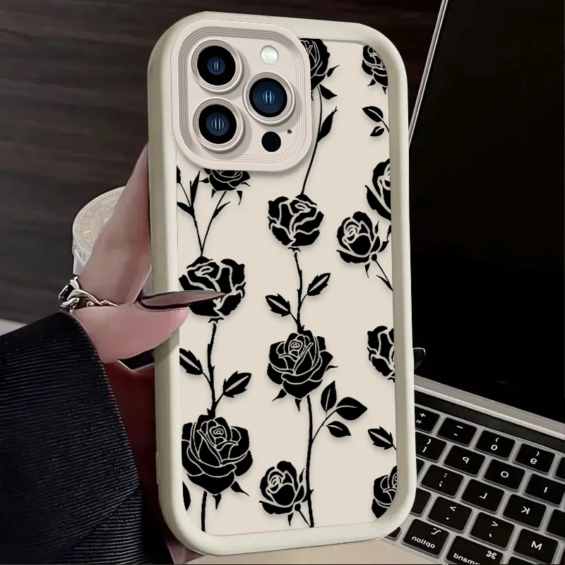 Funda de teléfono de flores negras para iPhone 14, 15 Pro Max, 13, 12, 11, X, XS, XR, 7, 8 Plus, SE 2020, Funda de silicona líquida suave a prueba de golpes - imagen 3