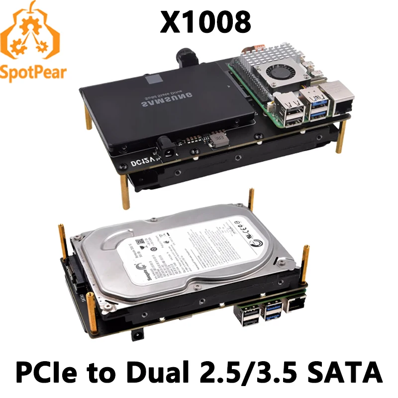 X1008 Raspberry Pi 5 PCIe a 2,5 "3,5" SATA HDD/Dual doble-sata SSD (no arranque desde SATA/SSD
