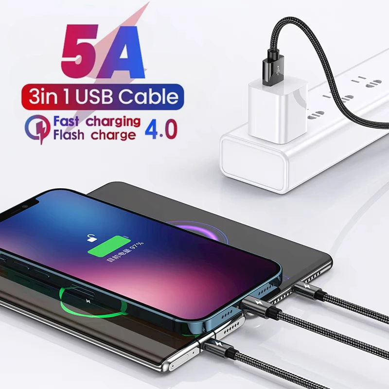 Cable USB de carga súper rápida 3 en 1 para iPhone 14 Samsung Huawei Xiaomi Redmi POCO Micro USB tipo C cargador Cable trenzado 1m 2m - imagen 3