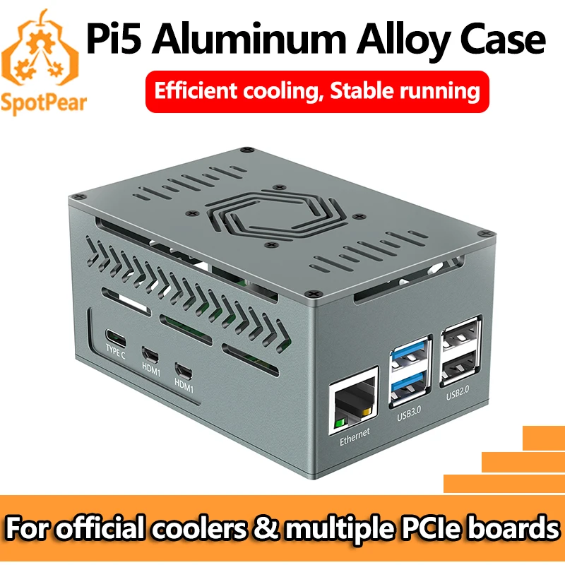 Caja de Metal de aluminio Raspberry Pi 5 con ventilador enfriador PWM y disipador térmico de cobre puro, gran espacio para placa de expansión PCIe Extra Pi5