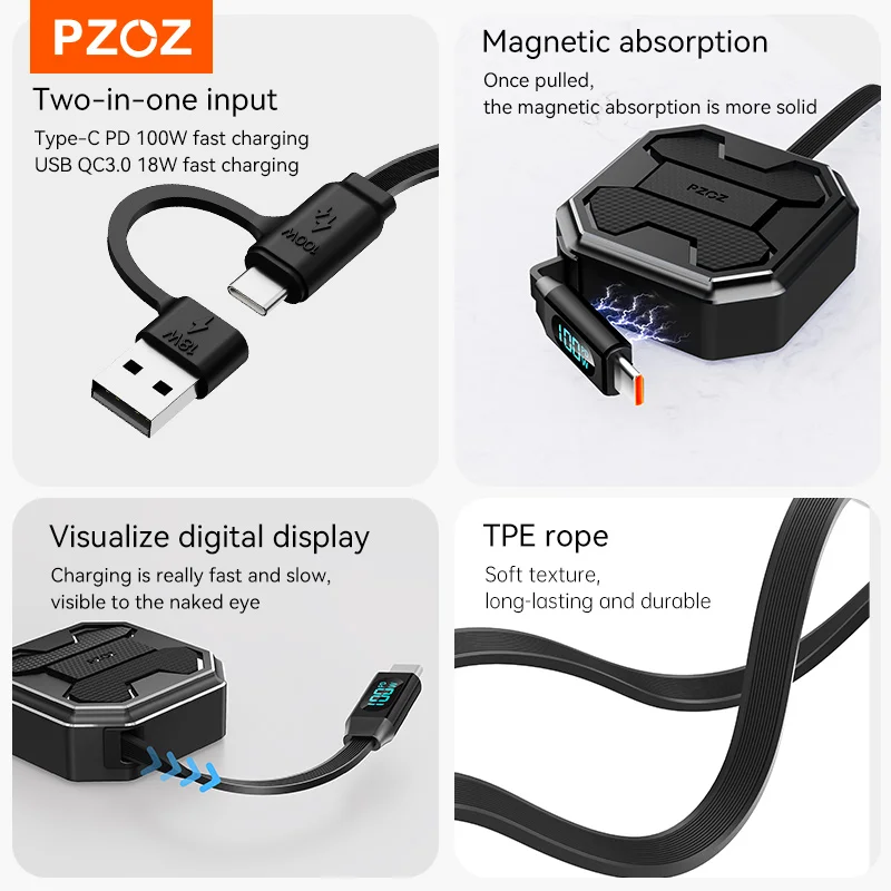 PZOZ 100W C to C Retractable Cable USB to Type C Lightning Digital Display PD Fast Charging Cable Data Wire For iPhone 17 16 14 - imagen 2