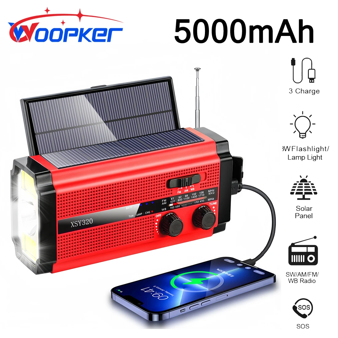 Woopker Radio multifunción XSY-320 5000mAh AM/FM/WB Solar USB recargable portátil Radio de emergencia linterna SOS banco de energía