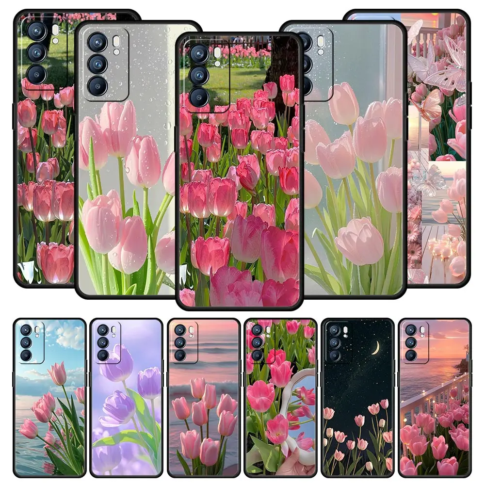Funda rosa con forma de corazón de amor y flor de tulipán para Oppo Reno14 Reno13 Reno12 11 F 10 Find X5 X9 Pro A54 5G A53 A52 A9 A78 4G A79 A98