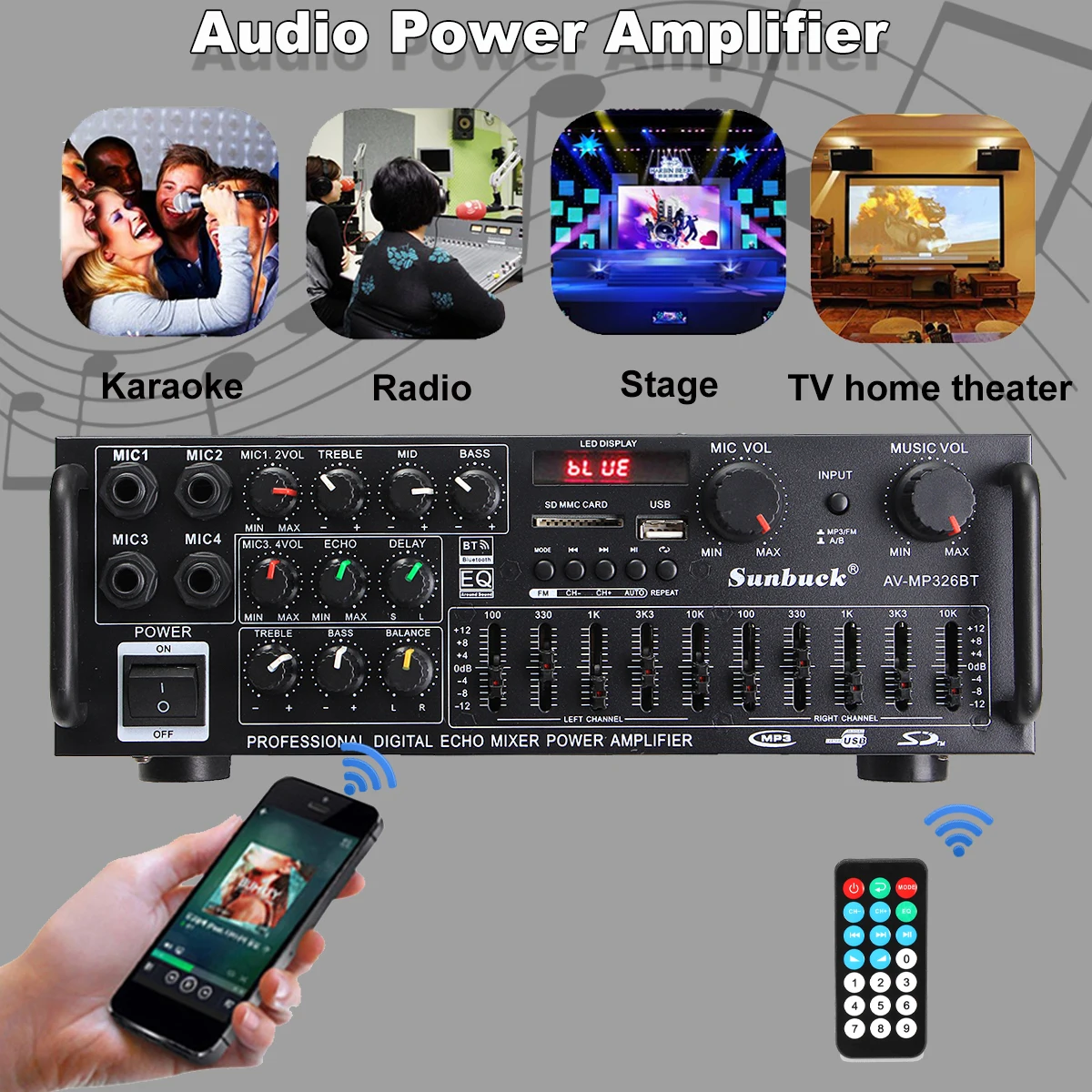 Amplificador DE SONIDO Bluetooth para el hogar y el coche, dispositivo de Audio estéreo Digital con entrada de micrófono, USB, SD, FM, AUX, 12V, 220V - imagen 4