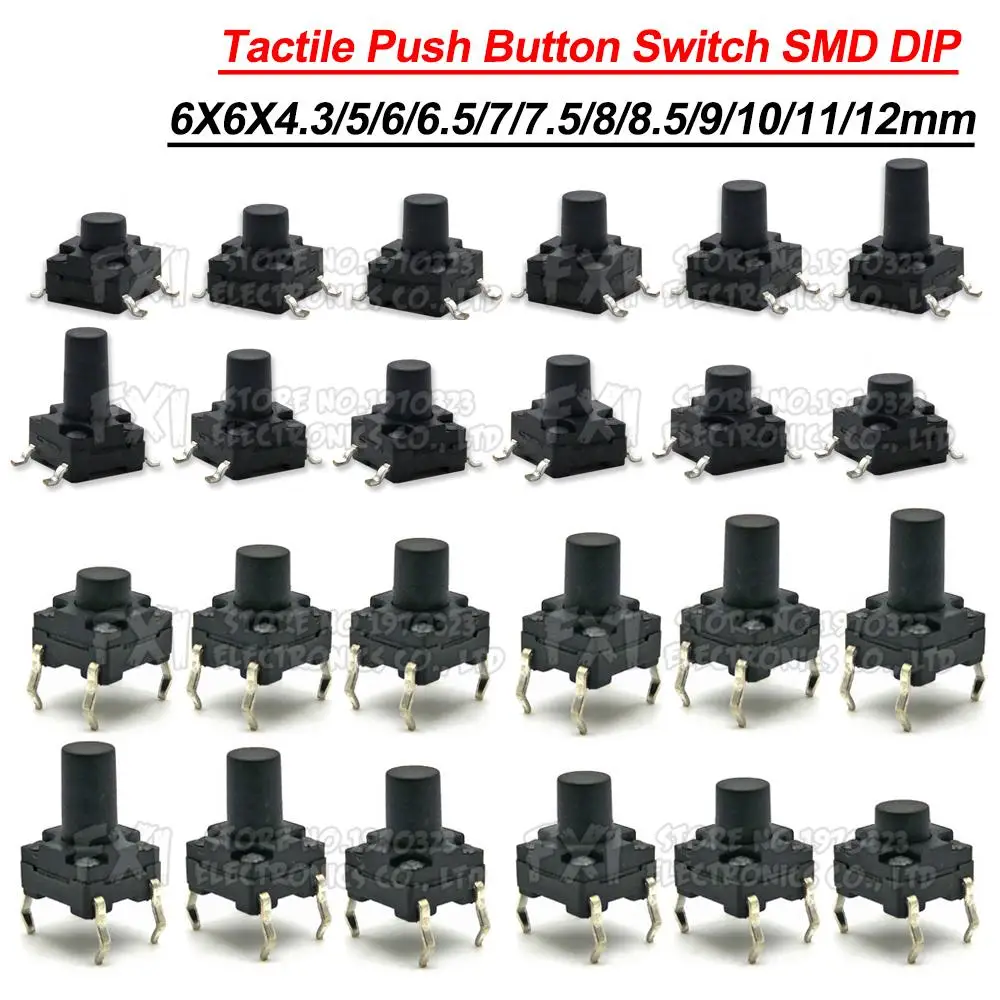 20 piezas 6X6 PCB táctil Mini interruptor de botón SMD DIP 4pin Micro interruptor 6*6*4,3/5/6/7/8 Mm 6x6*4,3mm 5mm 6mm 7mm 8mm impermeable