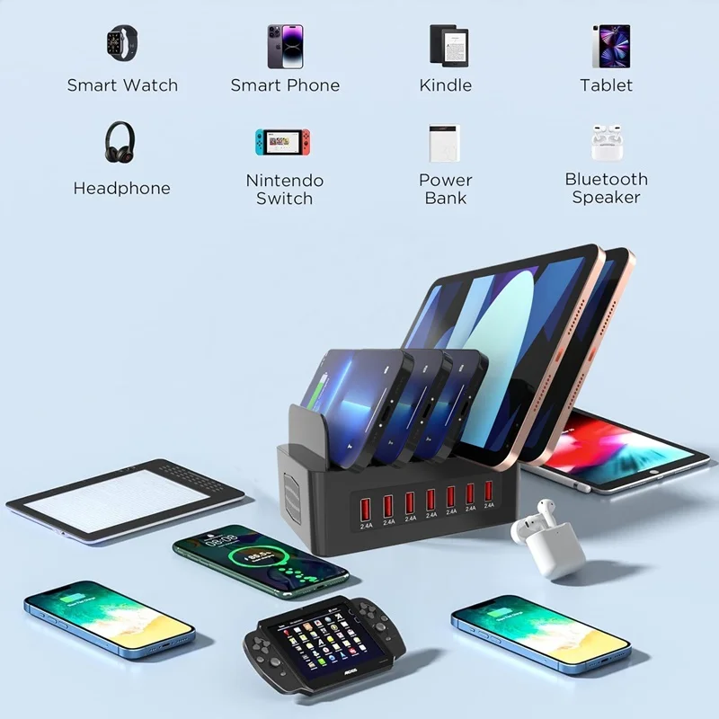 Cargador Multi USB Universal de 100W, estación de carga rápida USB de 7 puertos, soporte para tableta para Ipad, Iphone 15, 14, 13, 12 Pro Max, Samsung S24 - imagen 3