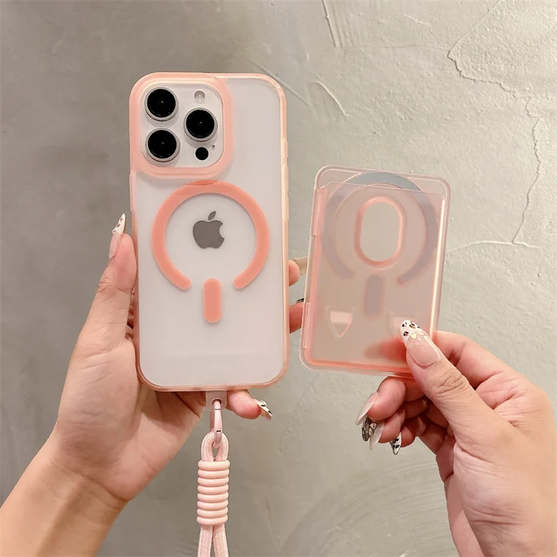 Funda de teléfono con cordón y bolsa para tarjetas con ranura magnética a la moda para iPhone 12 13 14 15 16 17 Pro Max Plus para Magsafe, funda esmerilada a prueba de golpes - imagen 3