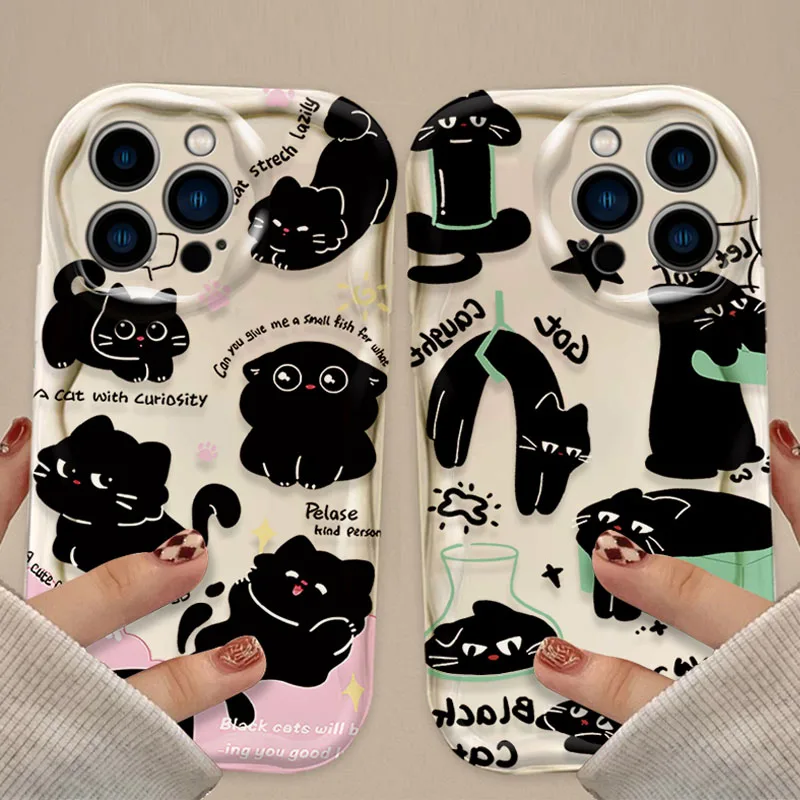Precioso gato negro 3D Wave funda para iPhone 16 15 14 13 12 11 Pro Max X XR XS 8 7 Plus SE 2020 cubierta trasera de silicona transparente a prueba de golpes