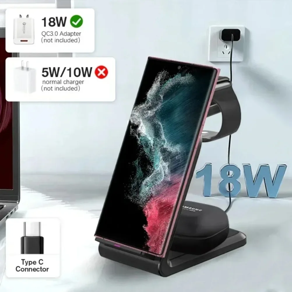 Estación de carga rápida 3 en 1, soporte de cargador inalámbrico de escritorio para Samsung S24 S23 S22 Galaxy Watch 6 5 Active 1 2 Buds 2 3 - imagen 3