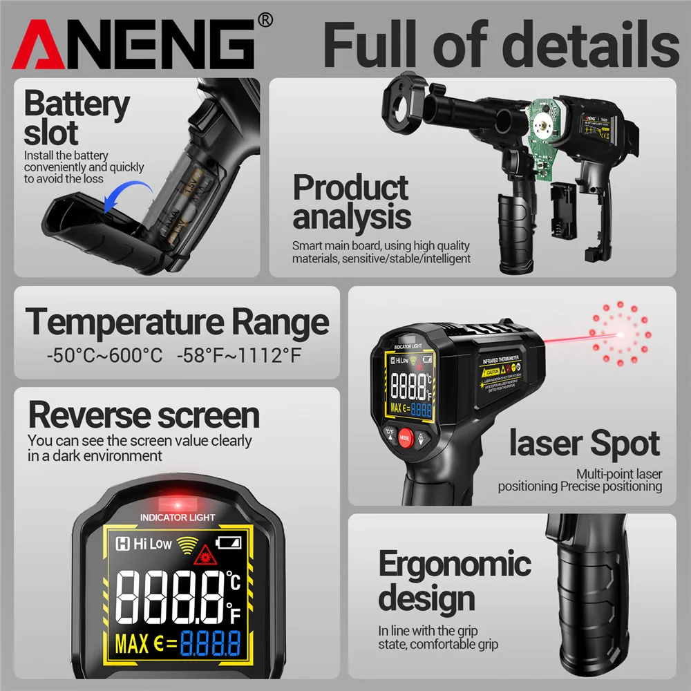 Termómetro infrarrojo industrial inteligente ANENG TH203 -50 ~ 600 ℃ Pistola de temperatura VA, probador de pantalla a Color inverso, herramientas de pirómetro - imagen 5