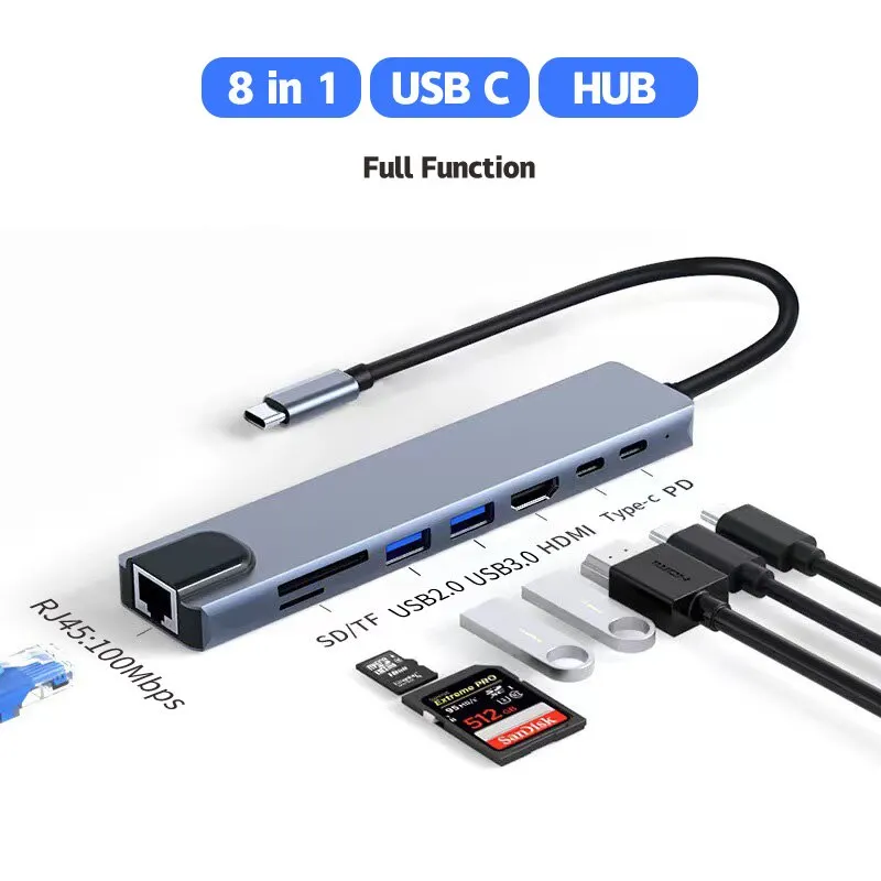 Concentrador de red USB tipo C 8 en 1, adaptador HDMI 4K, RJ45, Lan, Ethernet, TF, SD, lector de USB-C, estación de acoplamiento 3,0, tipo C, portátil, Macbook - imagen 2