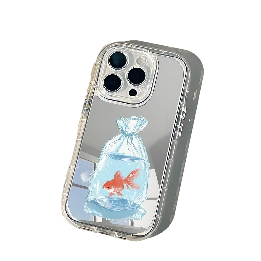Funda de teléfono ins Cute Goldfish Lucky Mirror para iPhone 17AIR 11 12 13 14 15 16 17Pro Max Plus anillo de lente anticaída funda dura de 1,5mm
