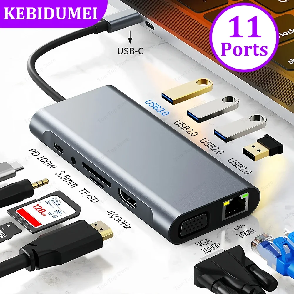 Estación de acoplamiento USB C 11 en 1, concentrador USB C tipo C a HDMI 4K USB 3,0, transmisión de 5Gbps, adaptador divisor USB para ordenador portátil y Macbook