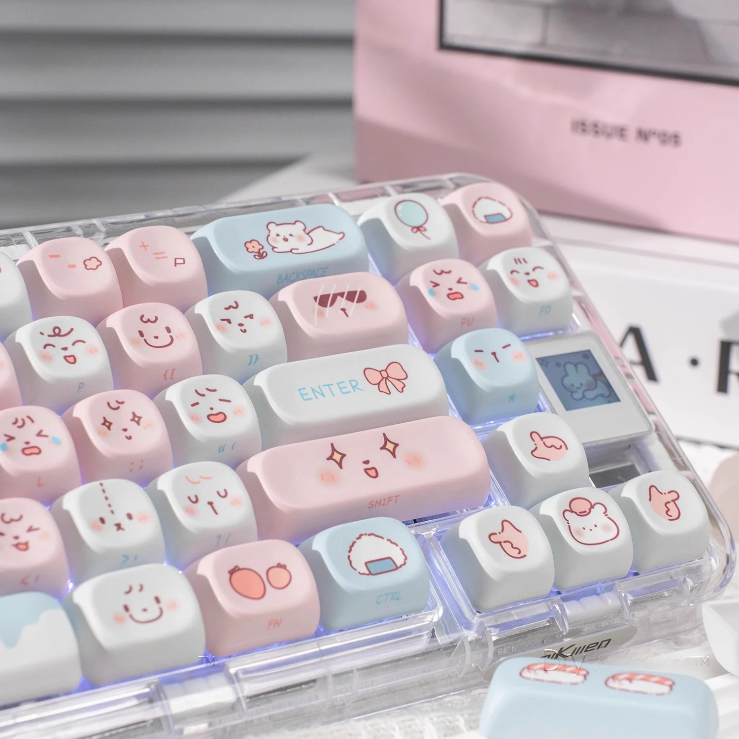 Blue Pink Bear Cute Keycap MOA Profile PBT Five-Sided Sublimation Side Engraved Emoji Keycaps for Mechanical Keyboard Girl Gift - imagen 3