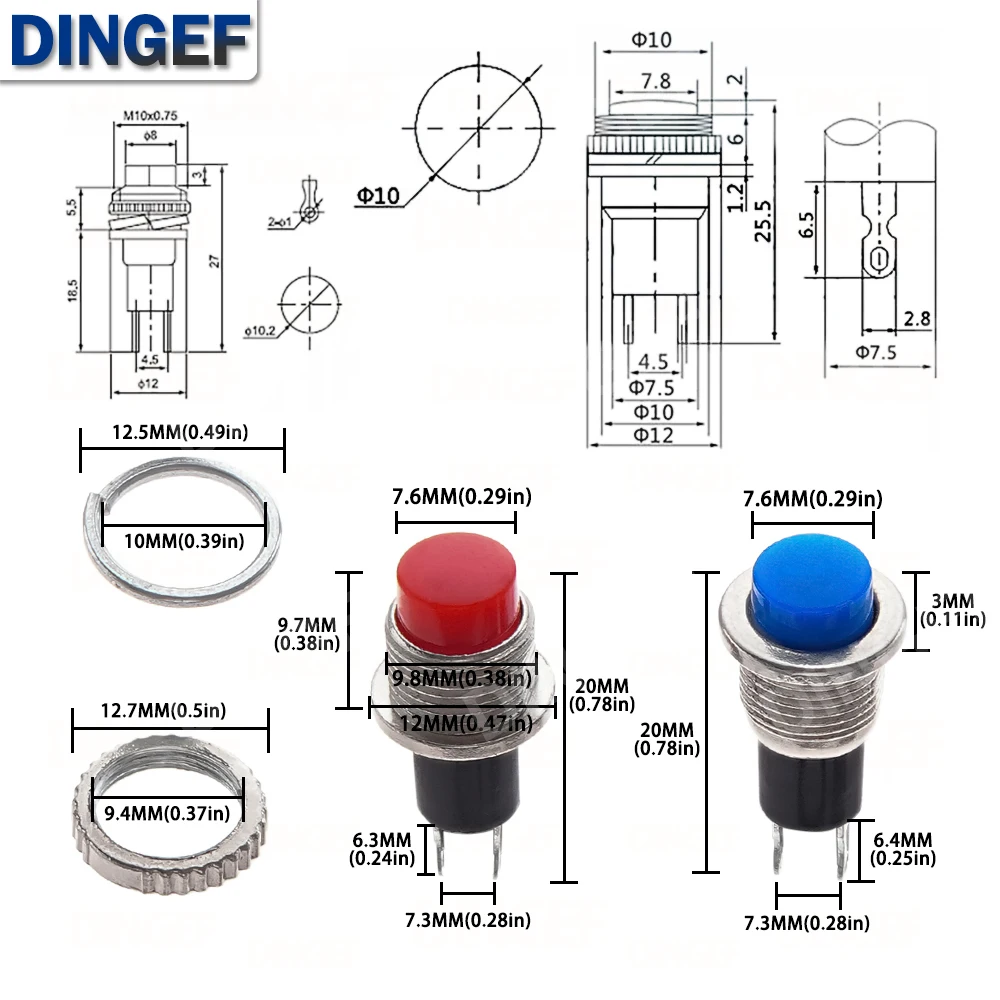 10 mm momentáneo apagado-(encendido) interruptor de botón rosca superior DS-316 DS-314 montaje en panel - imagen 5