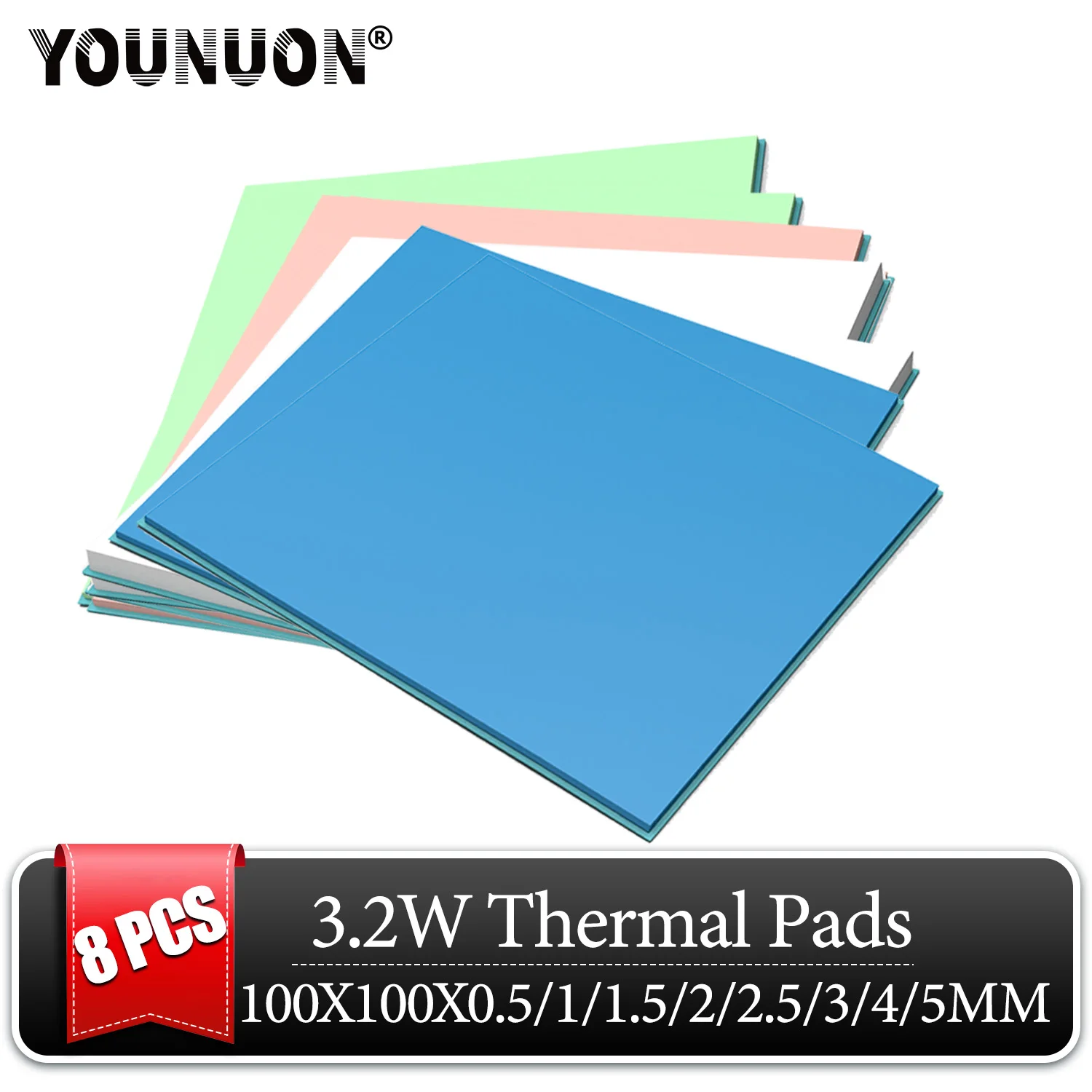 Almohadillas térmicas de silicona conductora de refrigeración, 100x100x0,5mm, 1mm, 1,5mm, 2mm, 2,5mm, 3mm, 4mm, 5mm, color azul, blanco y verde, 8 unidades