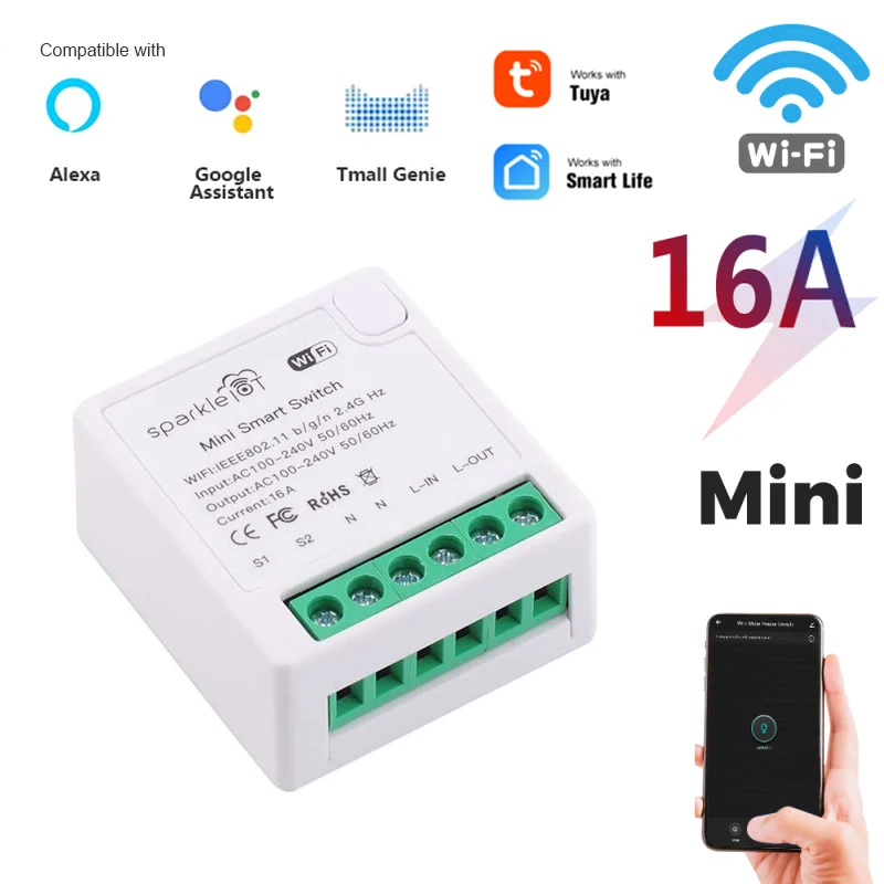16A Tuya Mini DIY WiFi interruptor inteligente con función de sincronización módulo de interruptor de luz inteligente Compatible con Alexa Google Home