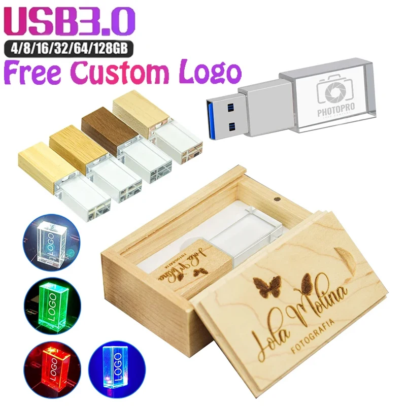 Unidad flash USB de madera cristalina 3,0 Pendrive 4GB 8GB 16GB 32GB 64GB 128GB Pen Drive regalo de boda productos con logotipo personalizado con caja