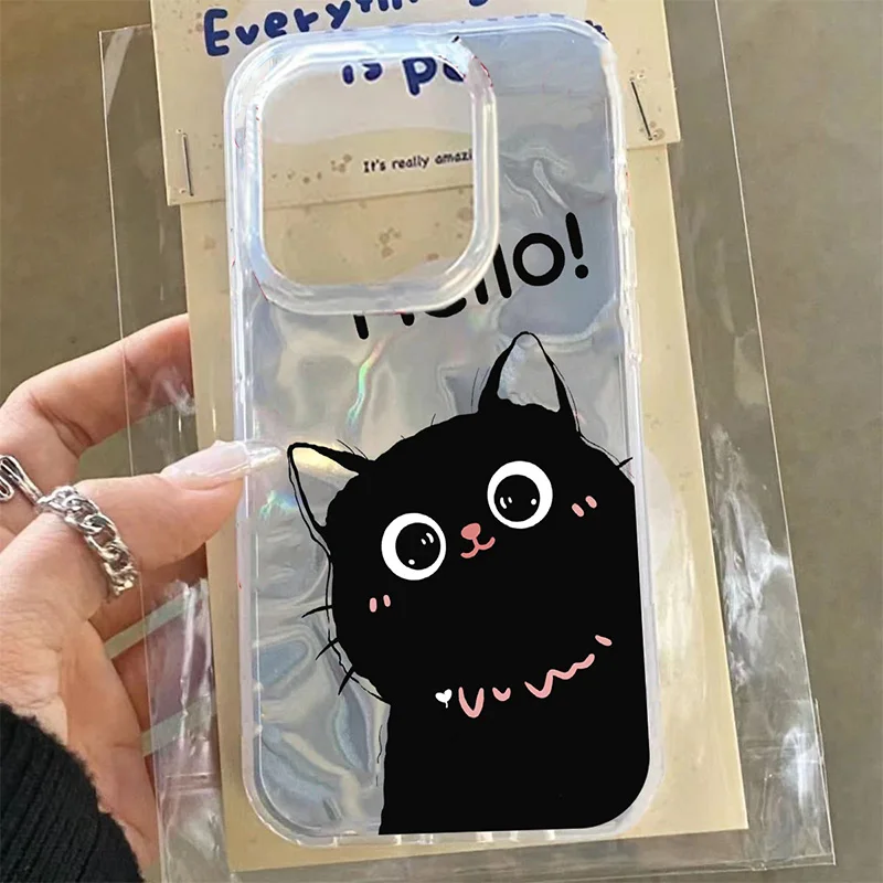 Funda de gato negro para iPhone 7 8 Plus XR XS Max SE 2020 dulce linda moda para chicas amor corazón colorido flor PC fundas de teléfono