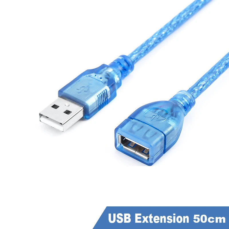 Todo el cable USB de cobre 50 cm Cable de datos de extensión USB azul transparente USB2.0 macho a hembra
