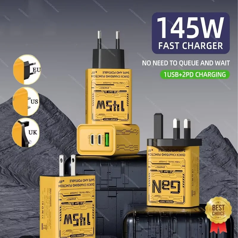 Cargador rápido de 145W PD USB, adaptador de carga de 3 puertos para teléfonos rápidos para iPhone, Samsung, Huawei, adaptador de pared con enchufe UE/EE. UU./Reino Unido - imagen 2