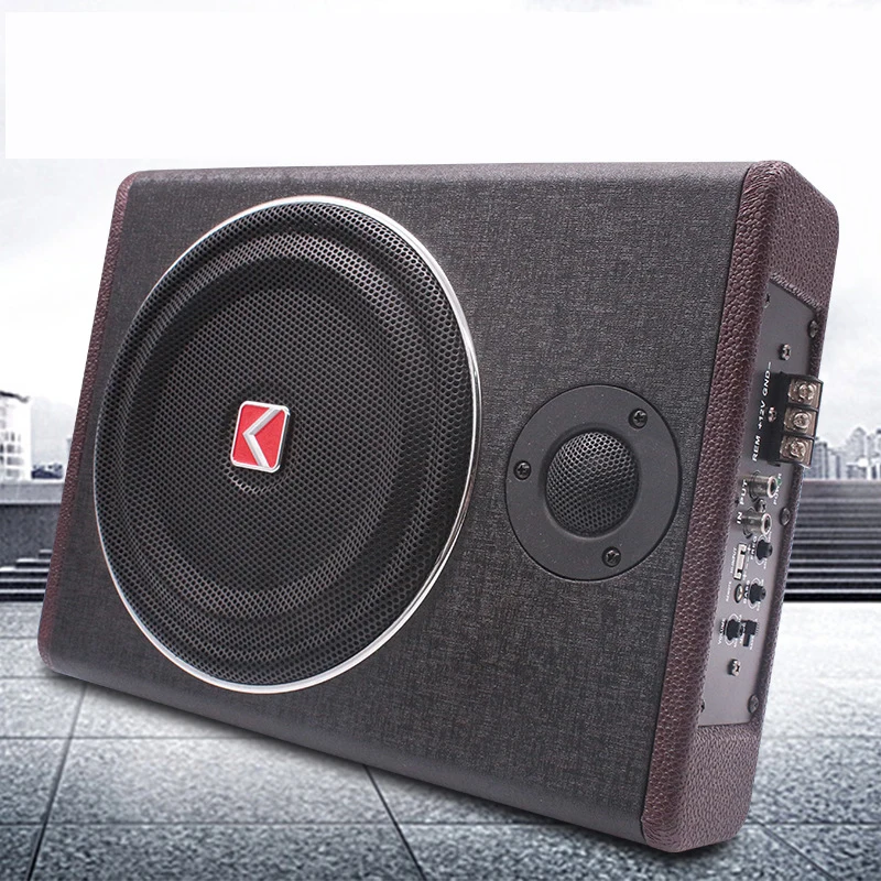 Subwoofer activo con textura de madera de 8 pulgadas y 600 W: altavoz bajo delgado de 12 V debajo del asiento para automóvil con soporte para agudos - imagen 4