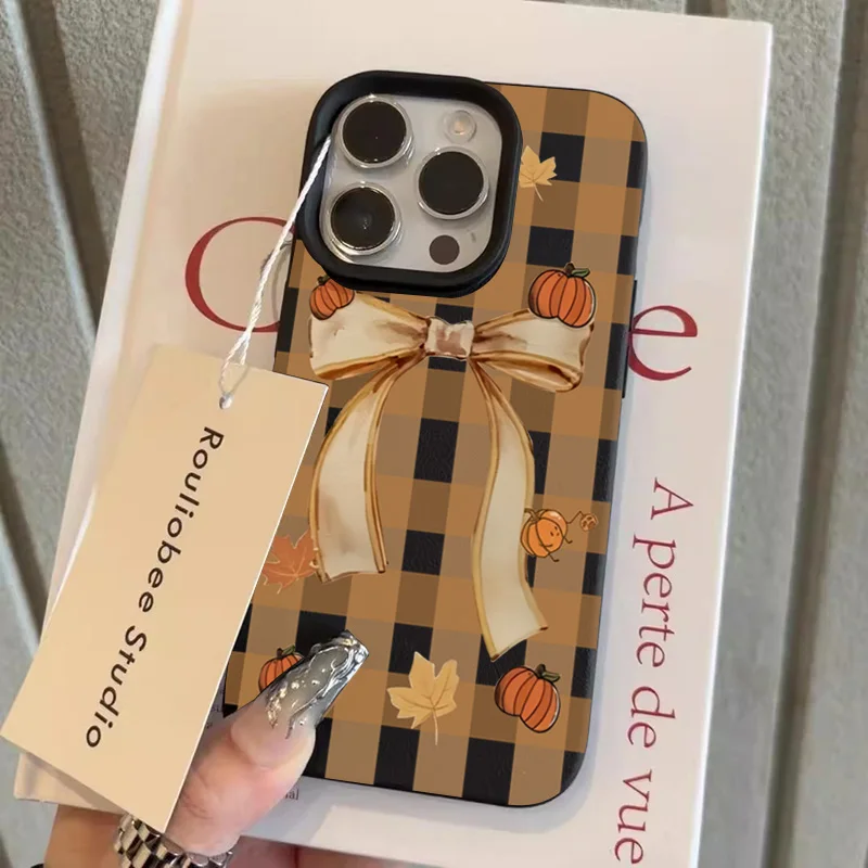 Arco a cuadros amarillo para iPhone 17 16 15 Pro Max funda con patrón de decoración de lazo para iPhone 11 12 13 14 Pro Max Plus 16E - imagen 4