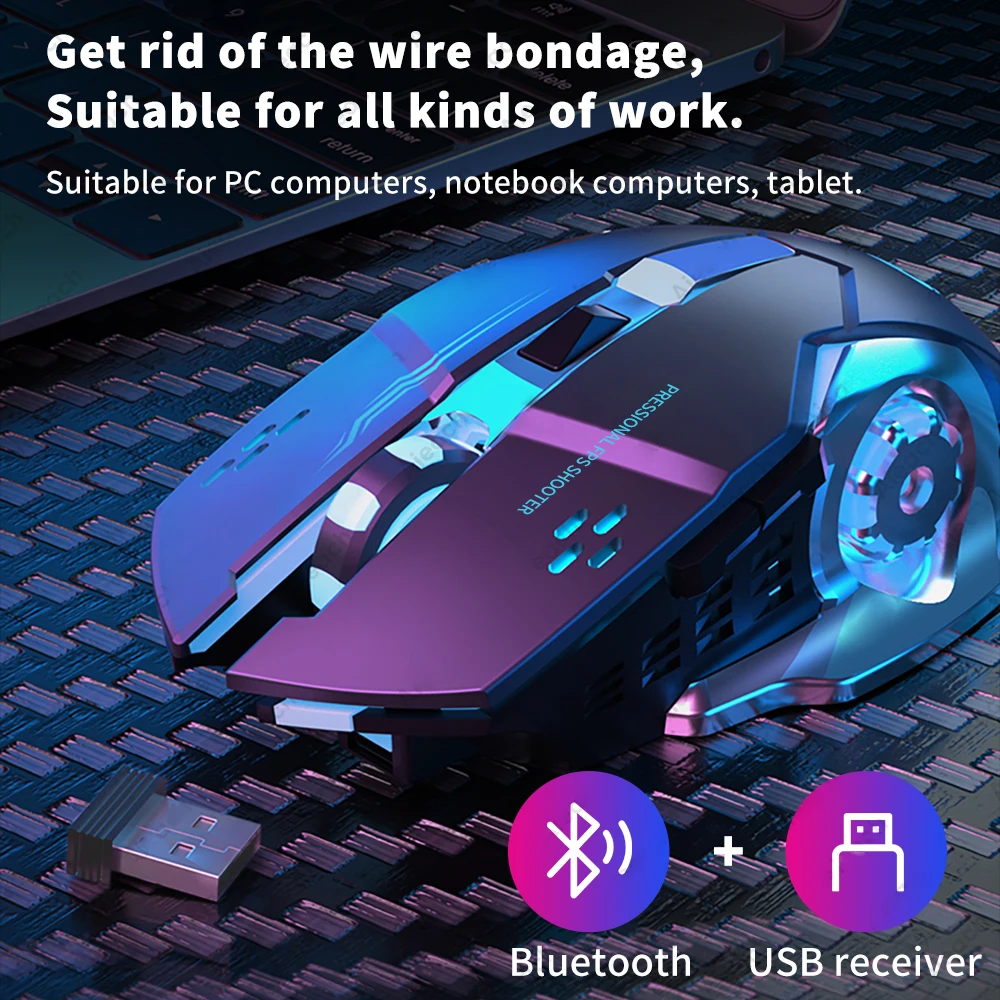Ratón inalámbrico recargable para videojuegos, Mouse silencioso con Bluetooth, USB, mecánico, retroiluminación para deportes electrónicos, PC, Gamer - imagen 2