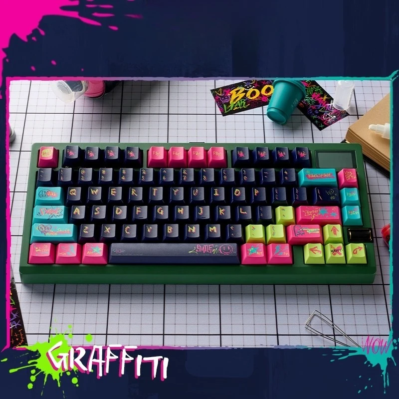 Teclas con tema de Graffiti dibujadas a mano, color azul, 152 teclas, perfil de cereza PBT, tapa de teclado para juegos personalizada para regalos de teclado mecánico - imagen 3