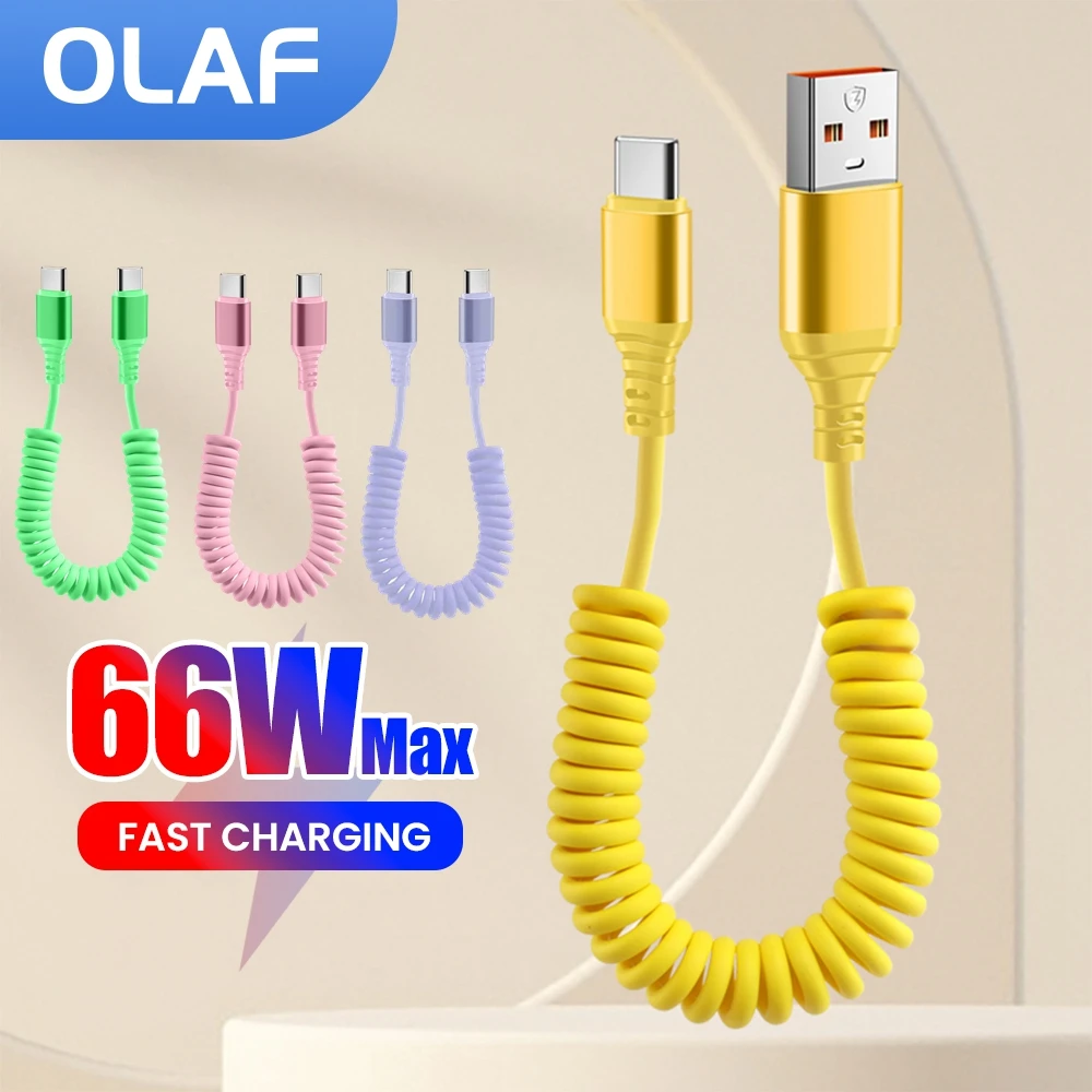 Cable USB de carga rápida con resorte para coche de 66w, Cable Multicolor USB A/USB C a tipo C, Cable de datos USB C para iPhone 15 16 pro Xiaomi Huawei