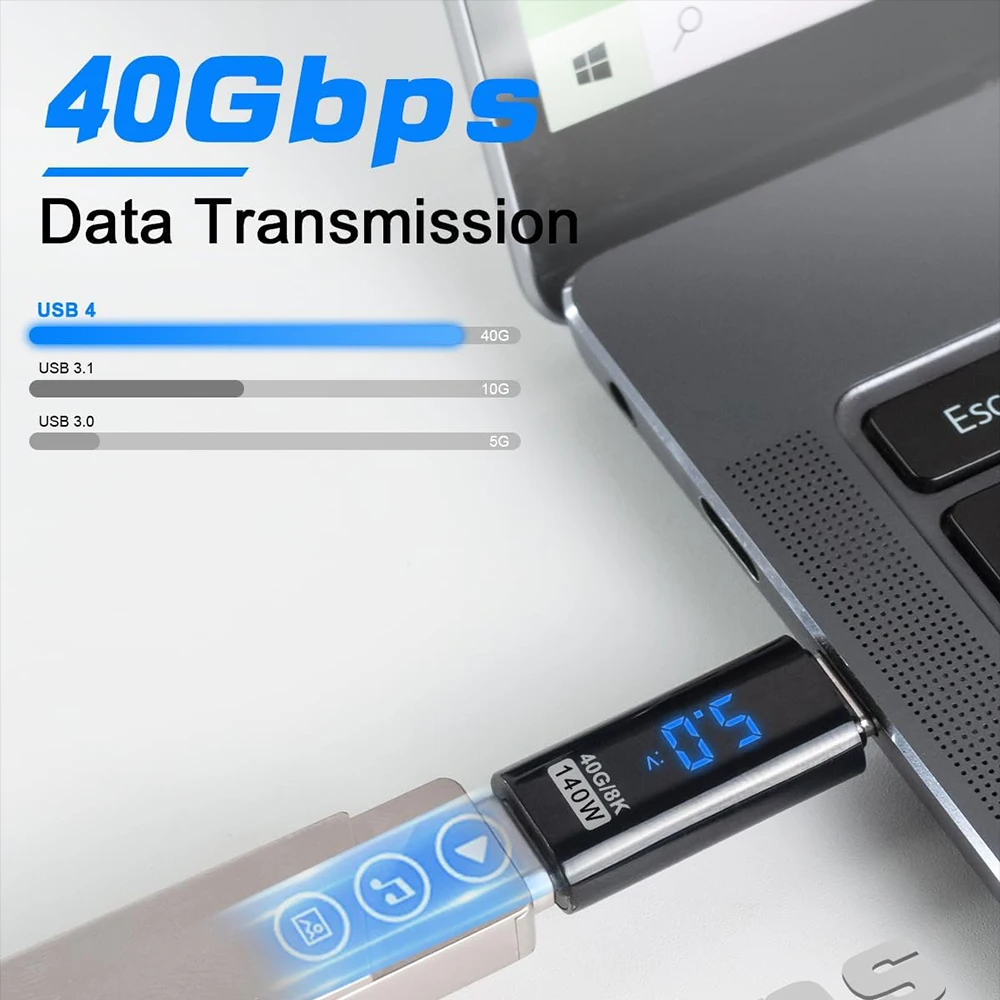Adaptador USB C 140W con pantalla LED 40Gbps Adaptador de extensión USB C Tipo C Medidor de potencia Probador Extensor USB C USB4 Thunderbolt - imagen 2