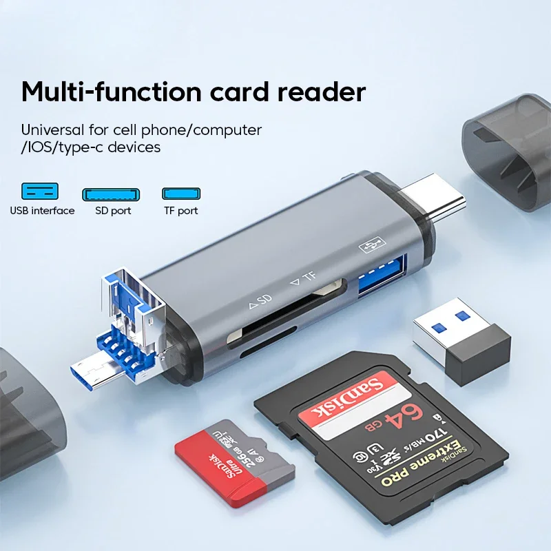 Adaptador 6 en 1 USB A Lightning A tipo C para iPhone, iPad, convertidor de Conector Micro A USB C OTG, lector de tarjetas TF SD