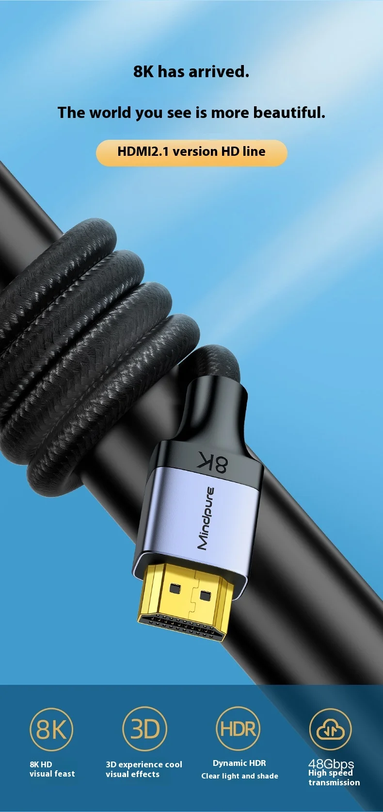 Cable Compatible con HDMI 8K Cables HD de alta velocidad Conectores trenzados de nailon y dorado HDMI2.1 4K @ 120Hz 8K @ 60Hz para ordenador portátil PS5 Xbox HDTV - imagen 4