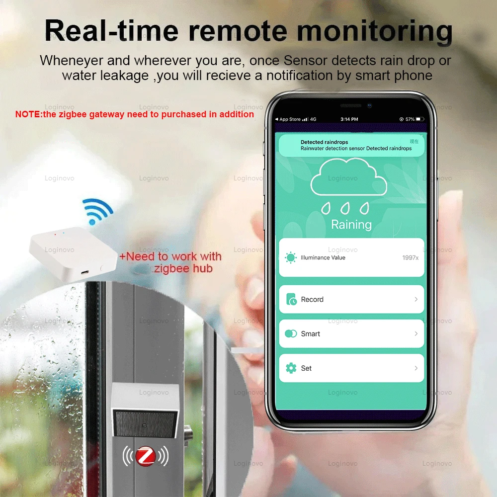 Sensor de lluvia Zigbee, Detector de luz de iluminancia, detección de gotas de lluvia alimentada por batería para asistente doméstico, Smart Life Tuya, Hub requerido - imagen 4