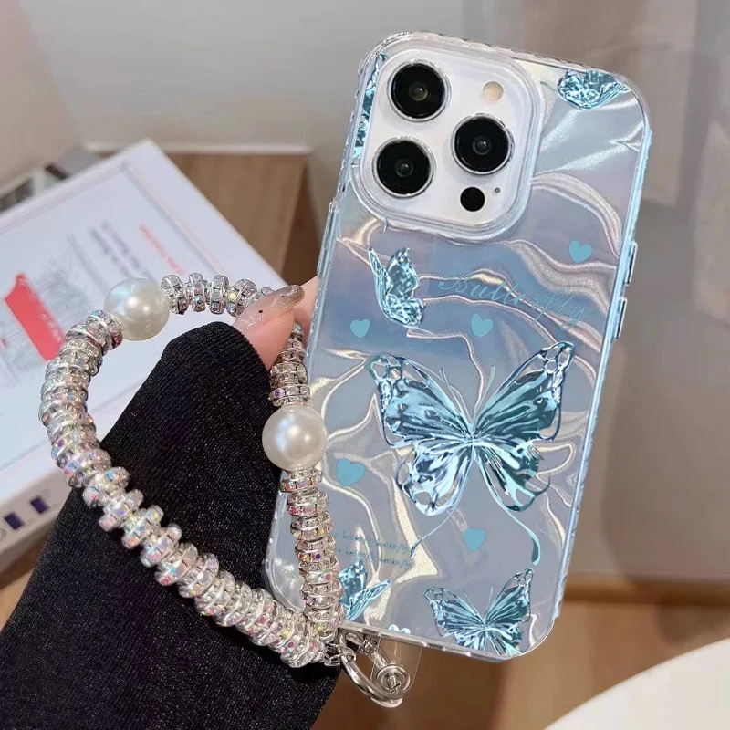 Funda con cadena enjoyada de mariposa colorida a la moda para iPhone 17 Pro Max 17 Pro Air 16E Girl, funda para teléfono con ondas de agua láser - imagen 2