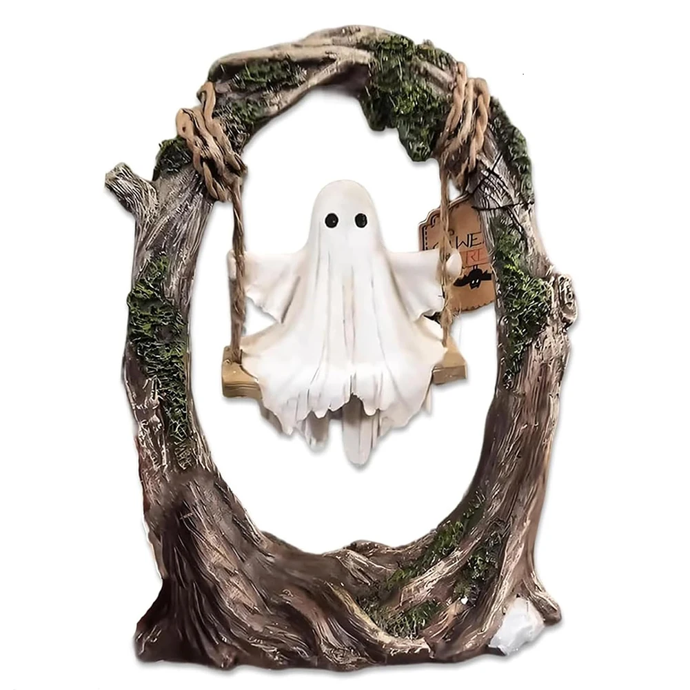 Adornos de decoración de columpio de árbol fantasma para Halloween, estatua espeluznante de resina, decoración del hogar para escritorio, alféizar de ventana, mesas de comedor