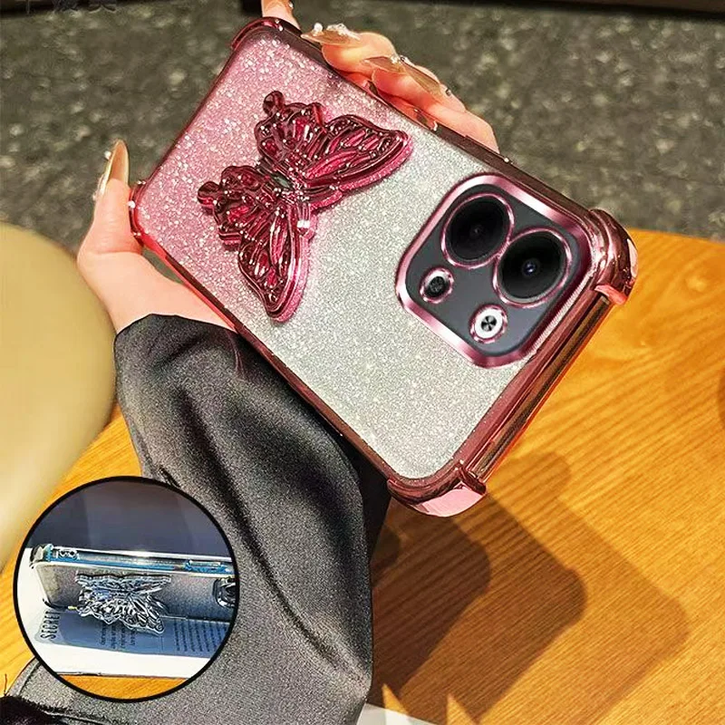 Funda de teléfono con soporte de mariposa chapado con purpurina para Xiaomi Redmi Note 15 Pro Plus Redmi 15C 4G 5G POCO C85 - imagen 2
