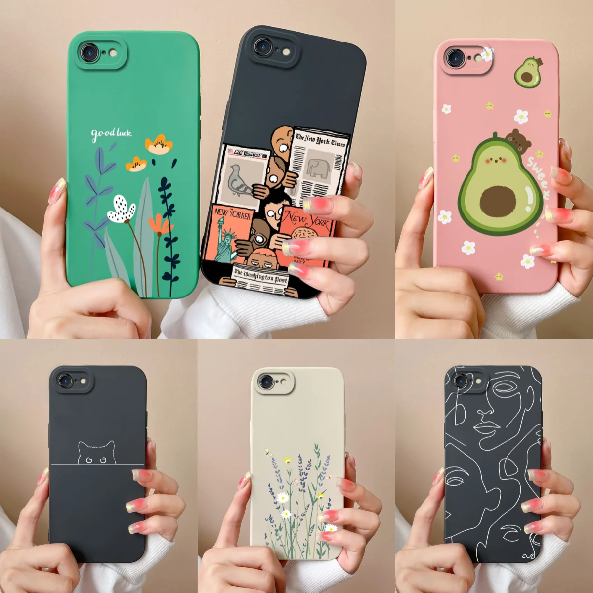 Funda sencilla para iPhone 7, 8 Plus, iPhoneSE, patrón de boceto, silicona líquida suave y suave, cobertura completa, funda trasera para teléfono antichoque