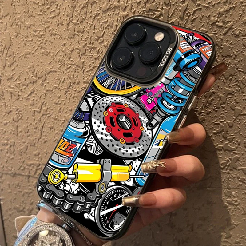 Patrón de engranaje mecánico galvanizado plata IMD funda de teléfono para iPhone 17 11 12 13 14 15 16 Pro Max 16E 7 8 Plus X XS XR SE cubierta - imagen 3