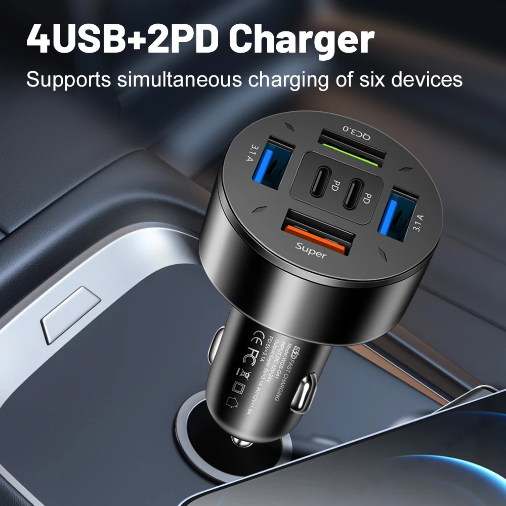 66W Dual PD 6-port Universal Super Fast Charging Conversion Plug Multi-function Mobile Phone Car Charger 4USB Car Charger - imagen 5