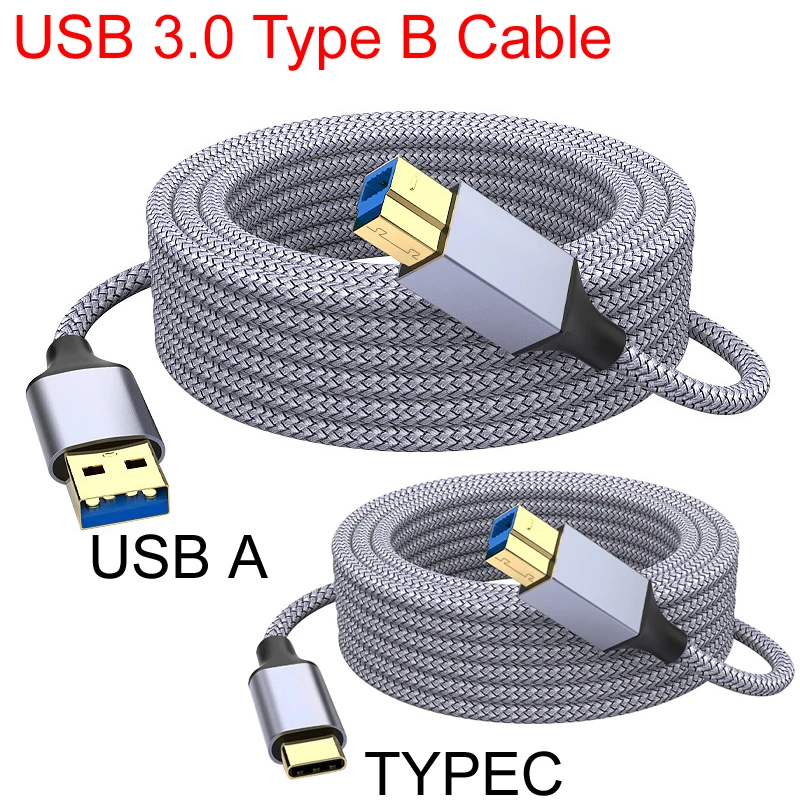 Trenza de nailon 0,5 M/1M/2M/3M/5M USB 3,0 TYPE-C Cable de datos de impresora USB-A a USB-B Cable para disco duro HDD portátil HP Scanner